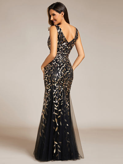Aermelloses Abendkleid mit doppeltem V-Ausschnitt #Farbe_Schwarz & Gold