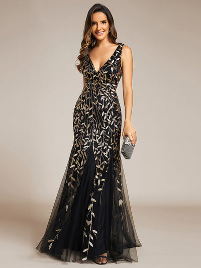 Aermelloses Abendkleid mit doppeltem V-Ausschnitt #Farbe_Schwarz & Gold