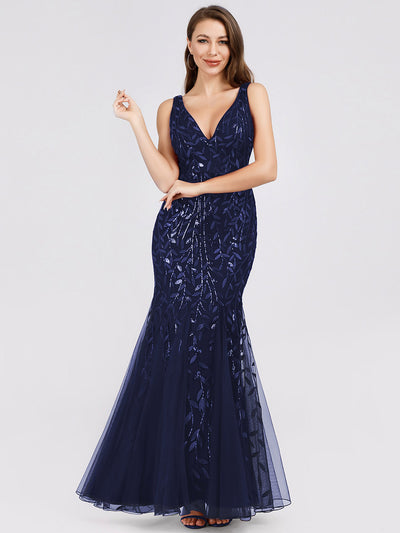 Aermelloses Abendkleid mit doppeltem V-Ausschnitt #Farbe_Marineblau
