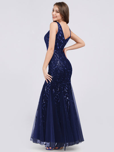 Aermelloses Abendkleid mit doppeltem V-Ausschnitt #Farbe_Marineblau