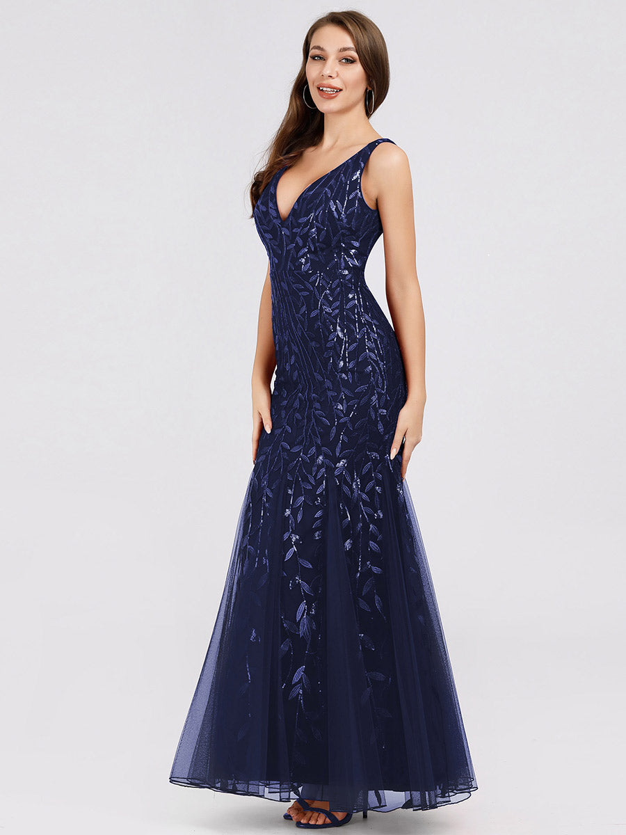 Aermelloses Abendkleid mit doppeltem V-Ausschnitt #Farbe_Marineblau