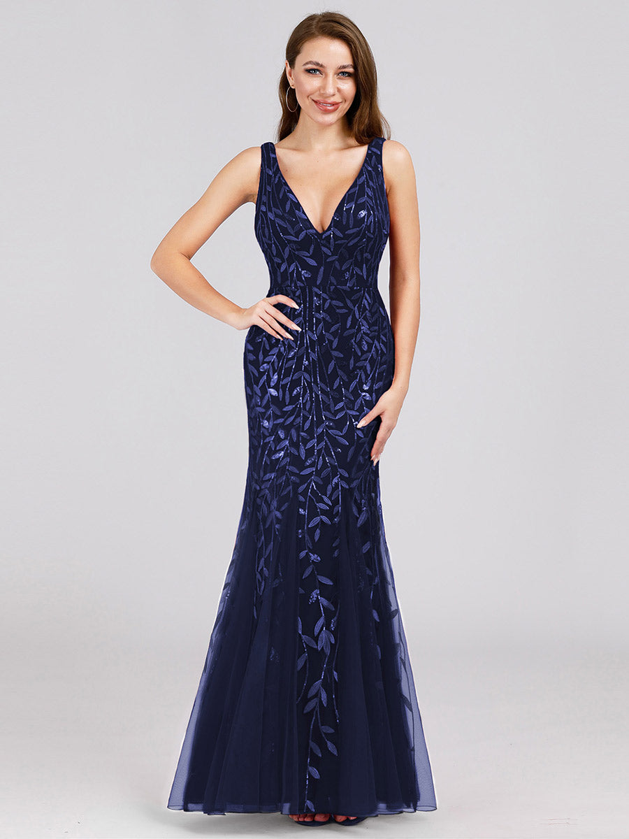 Aermelloses Abendkleid mit doppeltem V-Ausschnitt #Farbe_Marineblau