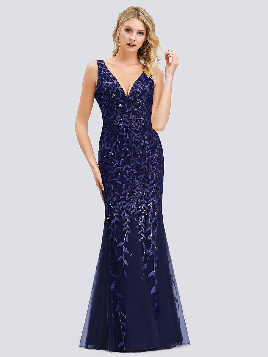 Aermelloses Abendkleid mit doppeltem V-Ausschnitt #Farbe_Marineblau