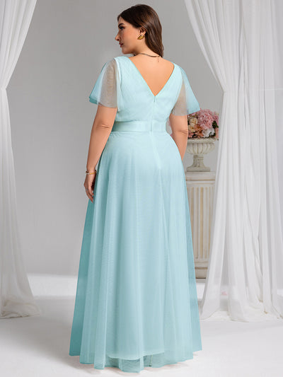 Plus Size V-Ausschnitt A-Linie Kurzarm Bodenlang Brautjungfernkleider #Farbe_Himmelblau