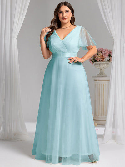 Plus Size V-Ausschnitt A-Linie Kurzarm Bodenlang Brautjungfernkleider #Farbe_Himmelblau