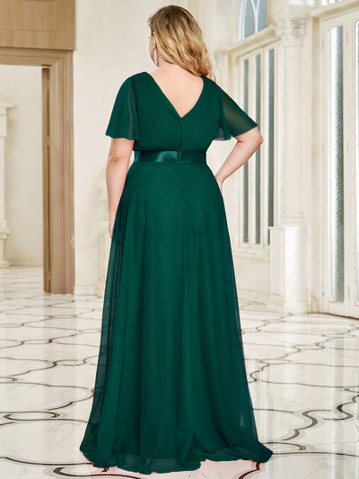 Plus Size V-Ausschnitt A-Linie Kurzarm Bodenlang Brautjungfernkleider #Farbe_Dunkelgrün