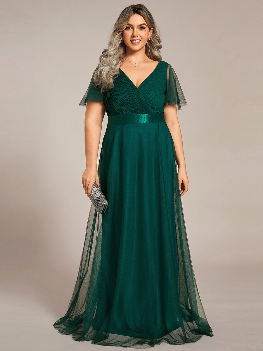 Plus Size V-Ausschnitt A-Linie Kurzarm Bodenlang Brautjungfernkleider #Farbe_Dunkelgrün
