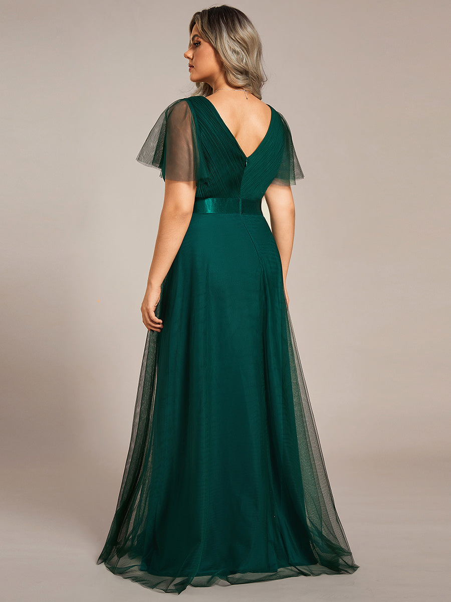 Plus Size V-Ausschnitt A-Linie Kurzarm Bodenlang Brautjungfernkleider #Farbe_Dunkelgrün
