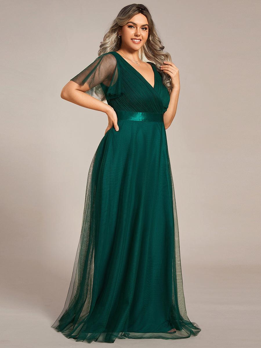 Plus Size V-Ausschnitt A-Linie Kurzarm Bodenlang Brautjungfernkleider #Farbe_Dunkelgrün