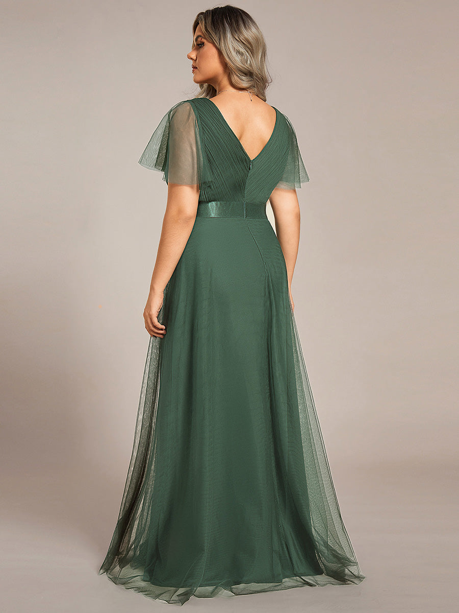 Plus Size V-Ausschnitt A-Linie Kurzarm Bodenlang Brautjungfernkleider #Farbe_Eukalyptus