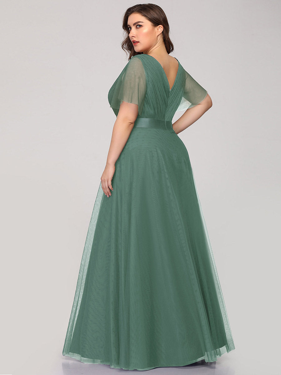 Plus Size V-Ausschnitt A-Linie Kurzarm Bodenlang Brautjungfernkleider #Farbe_Khakigrün