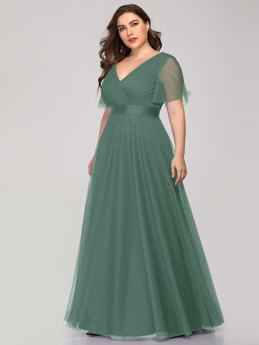 Plus Size V-Ausschnitt A-Linie Kurzarm Bodenlang Brautjungfernkleider #Farbe_Khakigrün
