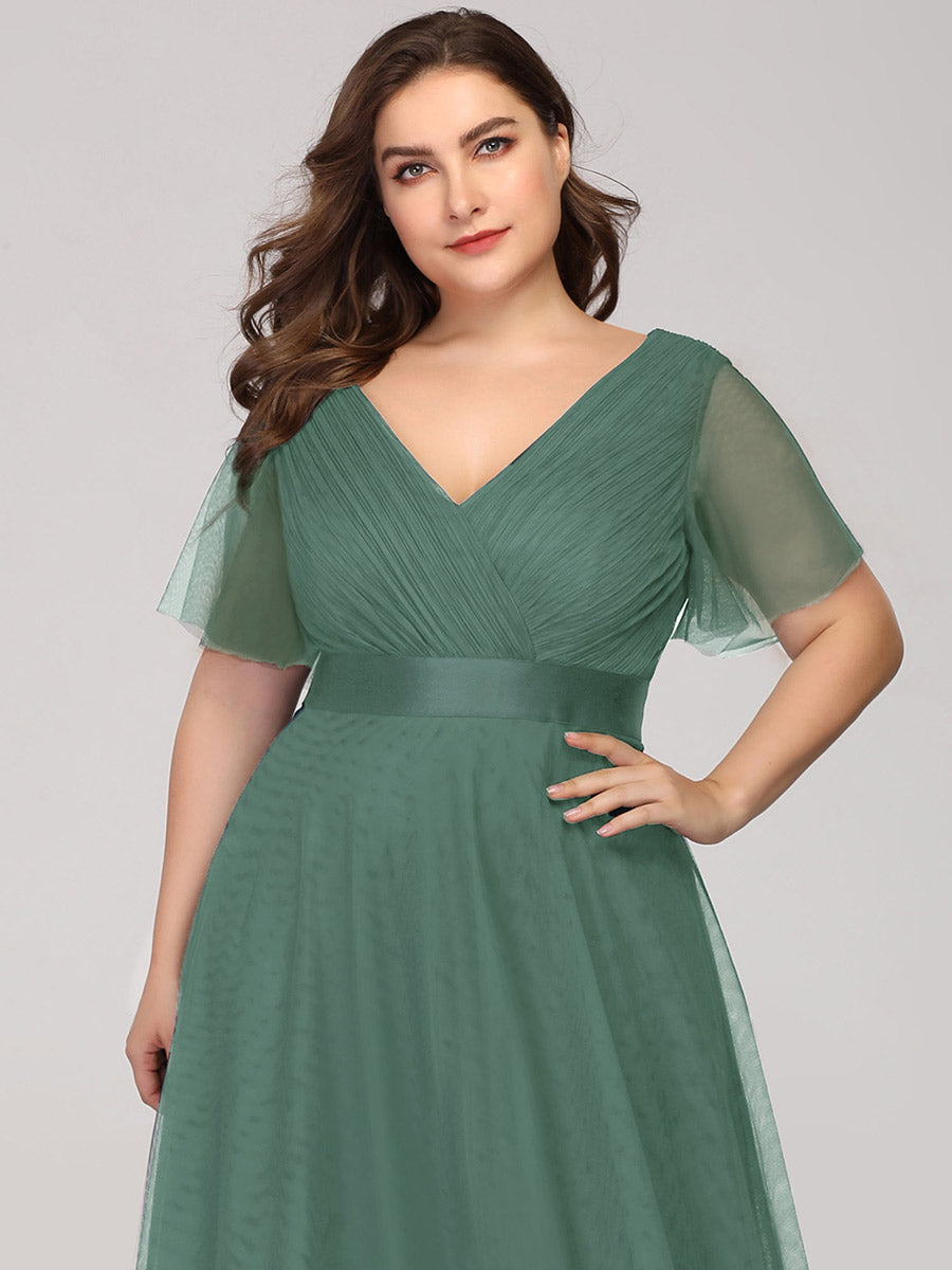 Plus Size V-Ausschnitt A-Linie Kurzarm Bodenlang Brautjungfernkleider #Farbe_Khakigrün