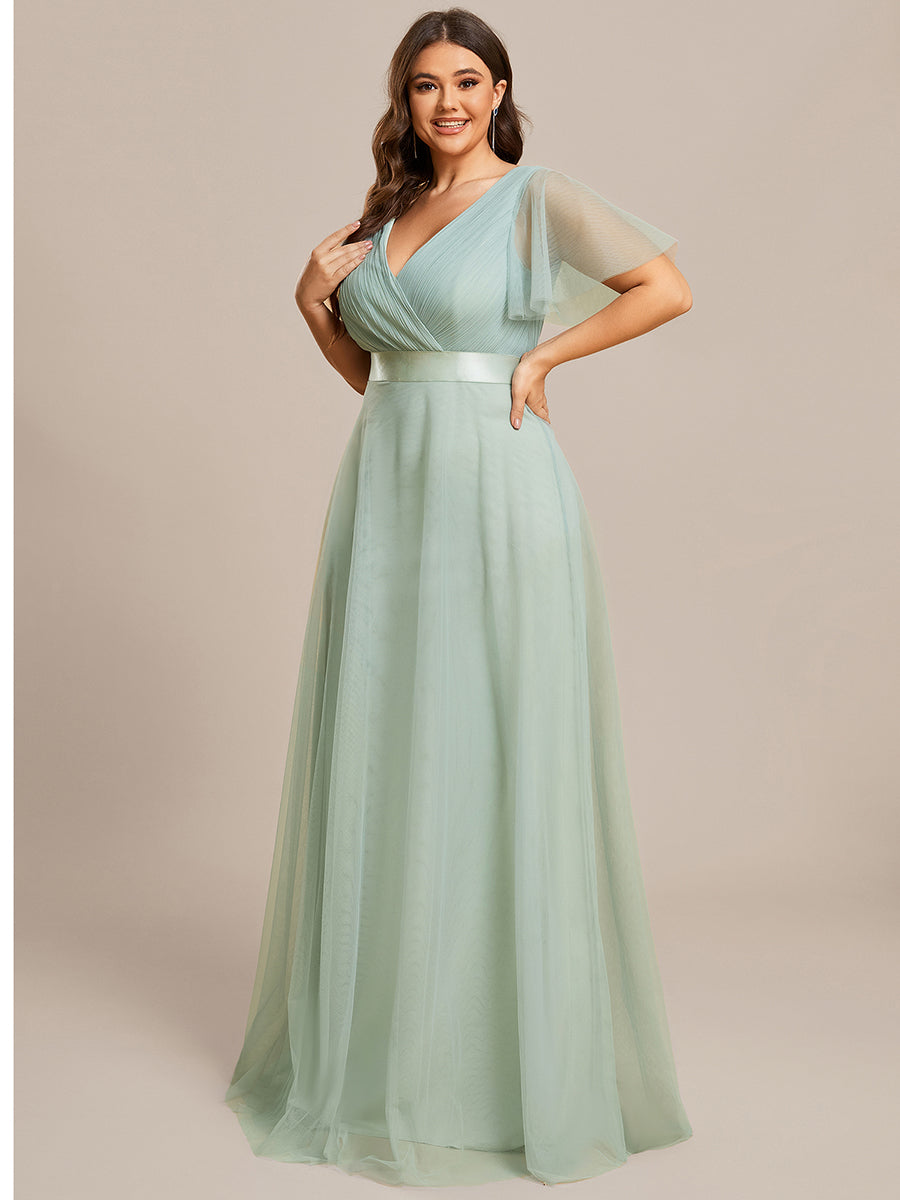 Plus Size V-Ausschnitt A-Linie Kurzarm Bodenlang Brautjungfernkleider #Farbe_Mintgrün