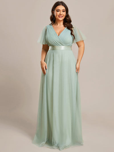 Plus Size V-Ausschnitt A-Linie Kurzarm Bodenlang Brautjungfernkleider #Farbe_Mintgrün