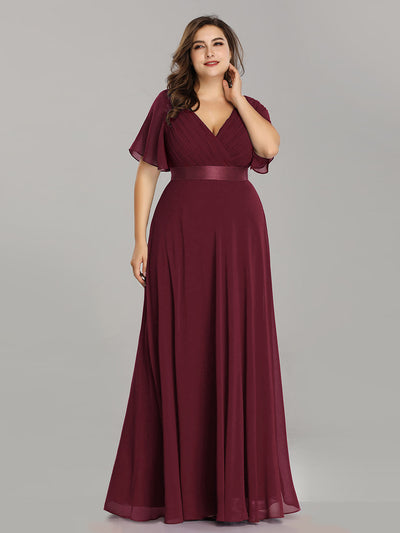 Damen V-Ausschnitt Lange Chiffon Abendkleider mit Schleppe #Farbe_Burgunderrot