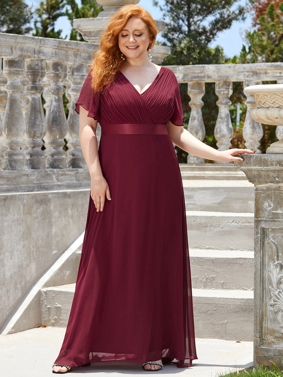 Damen V-Ausschnitt Lange Chiffon Abendkleider mit Schleppe #Farbe_Burgunderrot