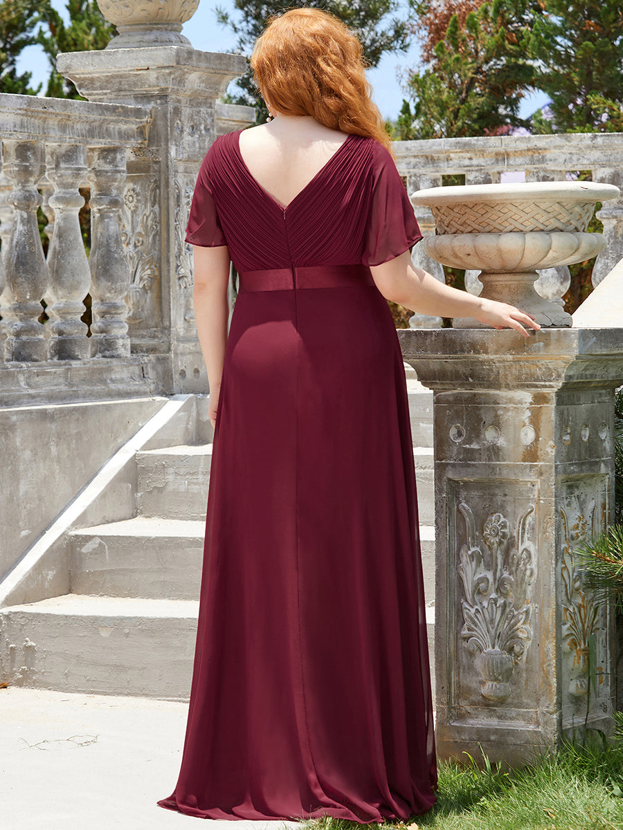 Damen V-Ausschnitt Chiffon Lange Abendkleider mit Schleppe #Farbe_Burgunderrot