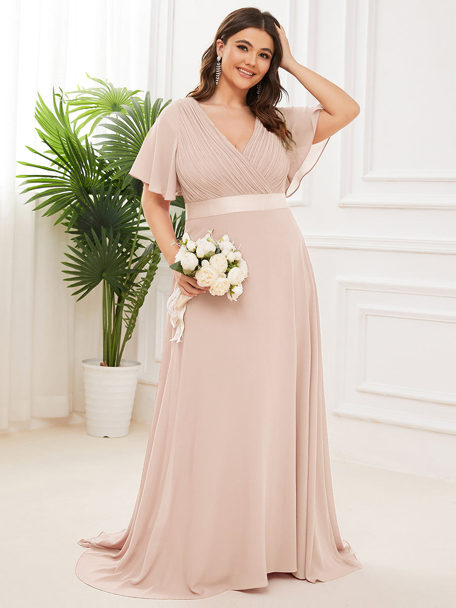 Damen V-Ausschnitt Lange Chiffon Abendkleider mit Schleppe #Farbe_Blush-Rosa