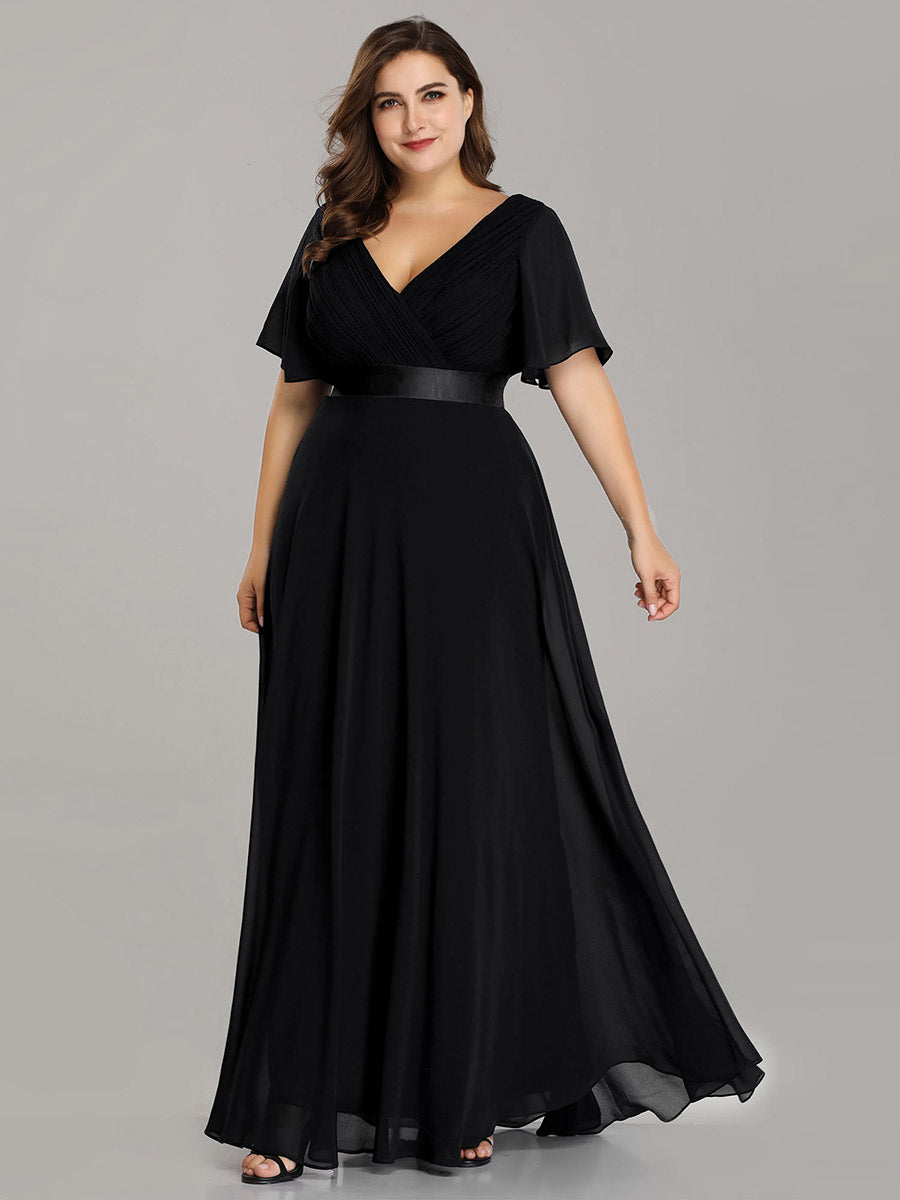 Damen V-Ausschnitt Chiffon Lange Abendkleider mit Schleppe #Farbe_Schwarz
