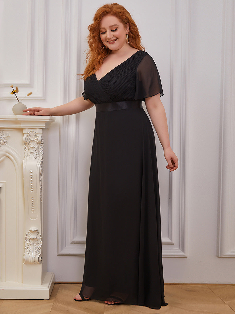Damen V-Ausschnitt Chiffon Lange Abendkleider mit Schleppe #Farbe_Schwarz
