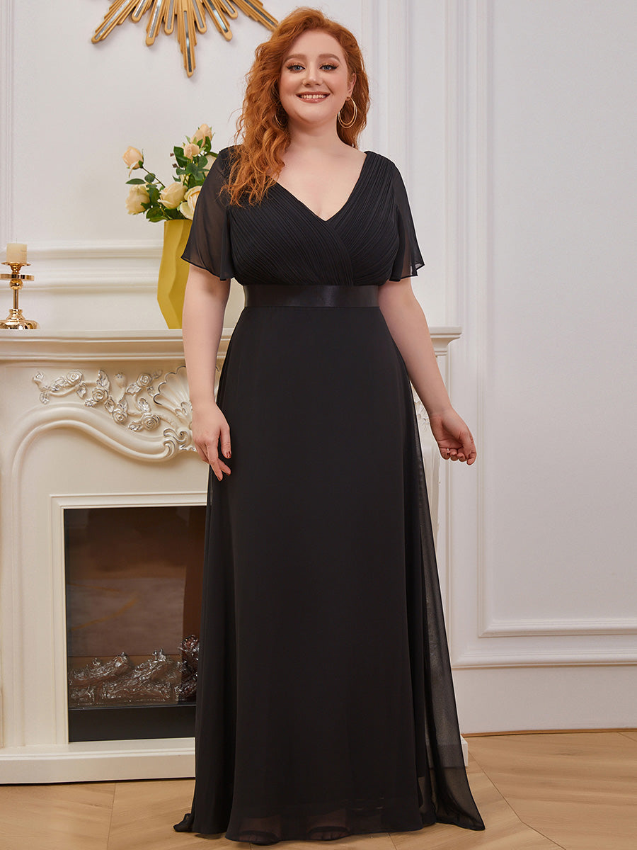 Damen V-Ausschnitt Lange Chiffon Abendkleider mit Schleppe #Farbe_Schwarz
