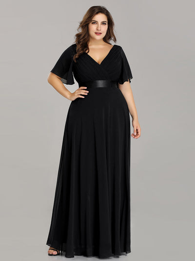 Damen V-Ausschnitt Chiffon Lange Abendkleider mit Schleppe #Farbe_Schwarz