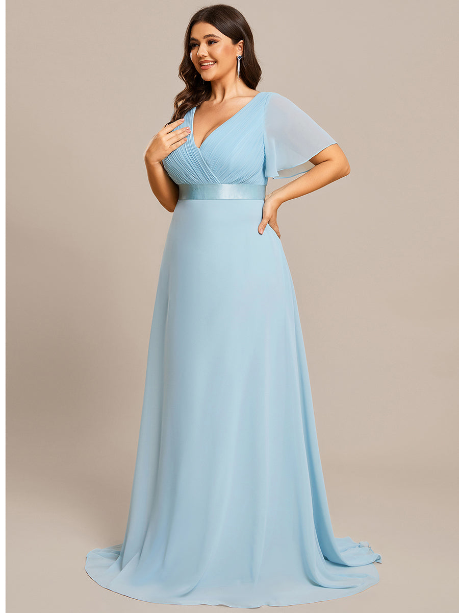 Damen V-Ausschnitt Chiffon Lange Abendkleider mit Schleppe #Farbe_Himmelblau