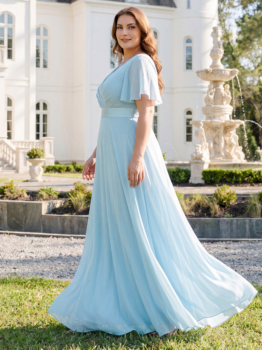 Minimalistisches A-Line Maxi Chiffon Brautkleid mit Satingürtel #Farbe_Himmelblau