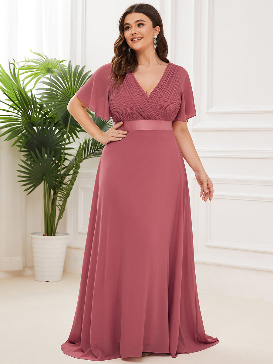 Minimalistisches A-Line Maxi Chiffon Brautkleid mit Satingürtel #Farbe_Beige-Braun