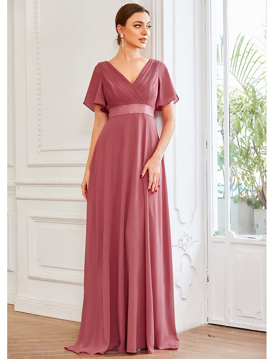 Minimalistisches A-Line Maxi Chiffon Brautkleid mit Satingürtel #Farbe_Beige-Braun