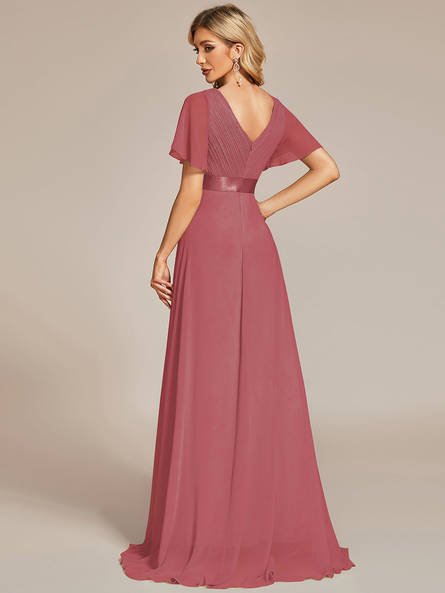 Minimalistisches A-Line Maxi Chiffon Brautkleid mit Satingürtel #Farbe_Beige-Braun