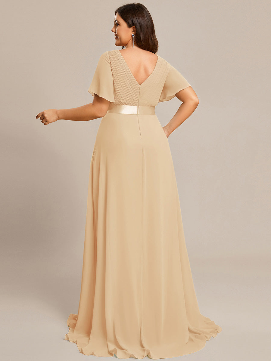 Damen V-Ausschnitt Chiffon Lange Abendkleider mit Schleppe #Farbe_Champagner