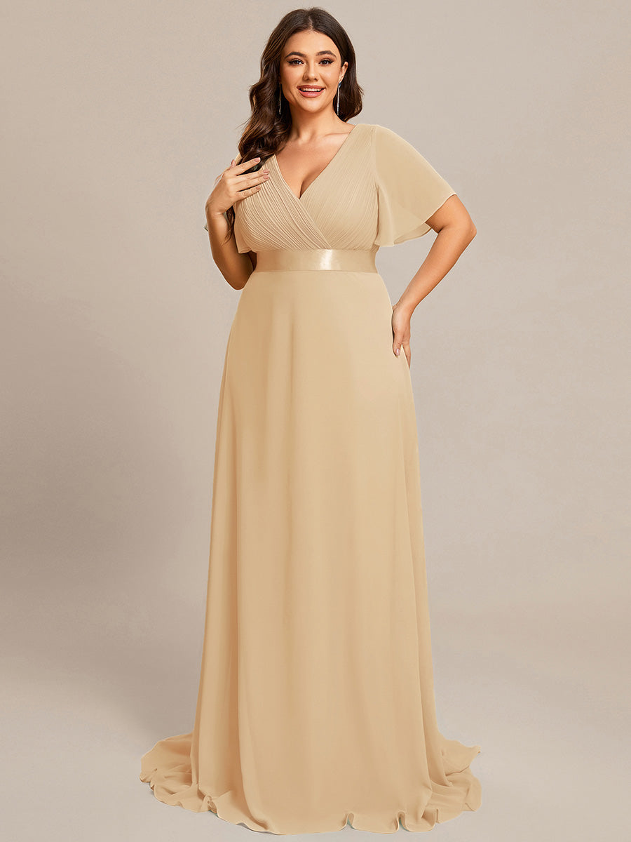 Damen V-Ausschnitt Chiffon Lange Abendkleider mit Schleppe #Farbe_Champagner