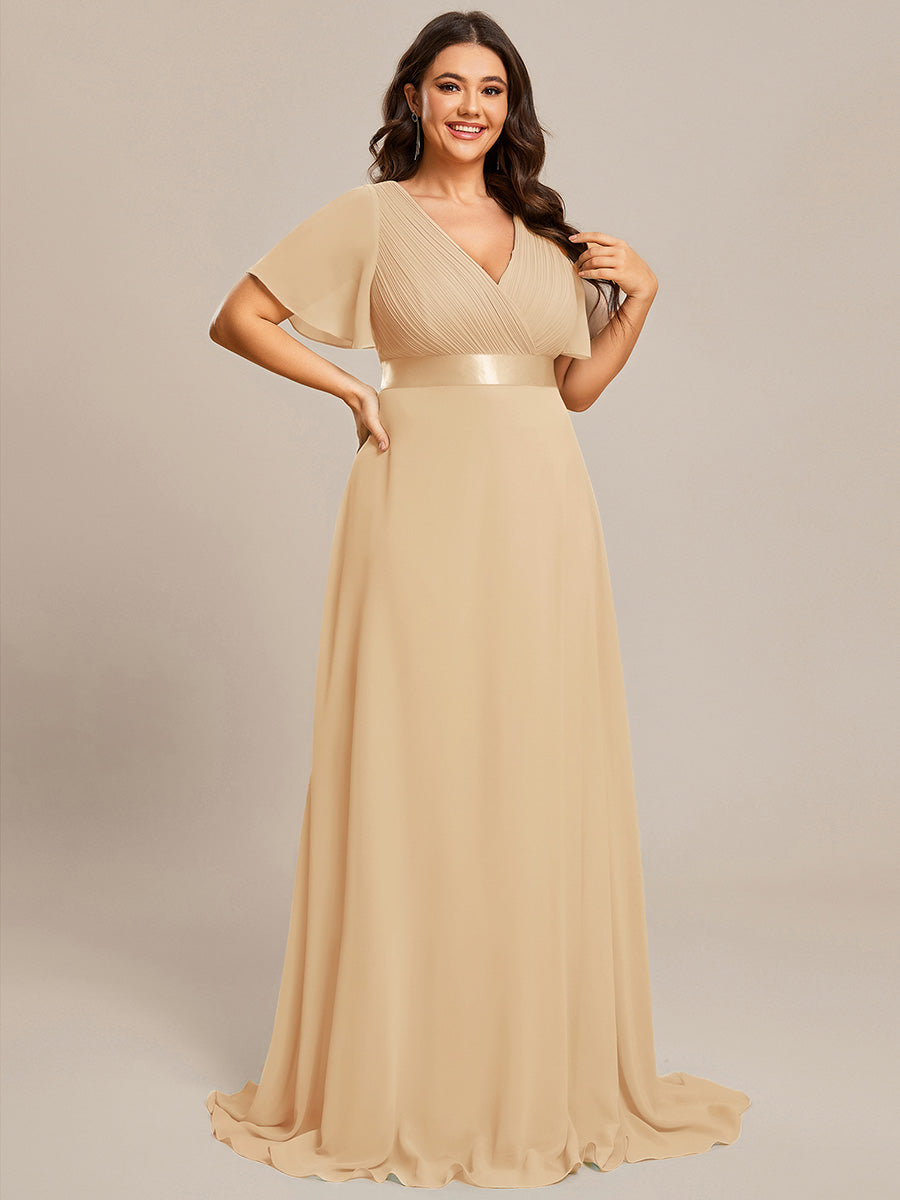 Damen V-Ausschnitt Chiffon Lange Abendkleider mit Schleppe #Farbe_Champagner