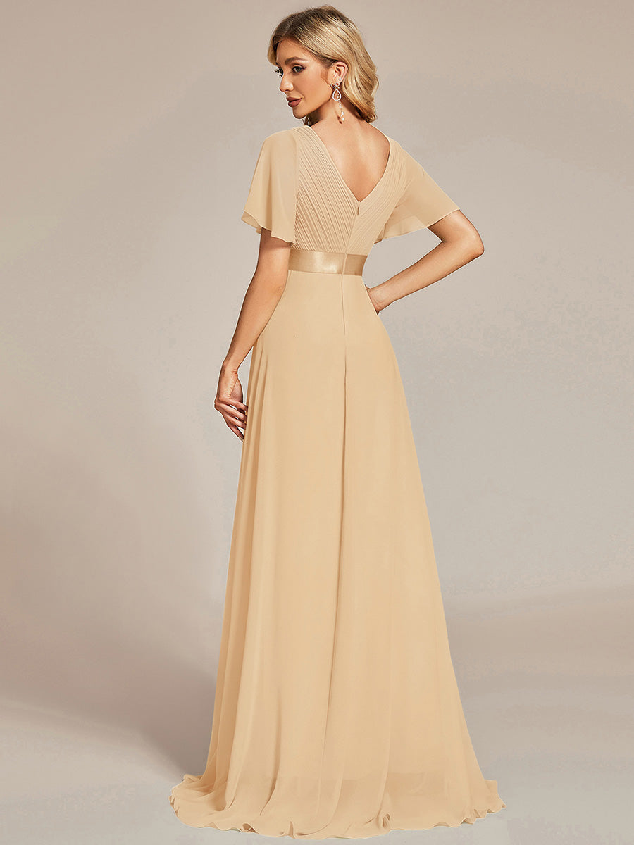 Minimalistisches A-Line Maxi Chiffon Brautkleid mit Satingürtel #Farbe_Champagner