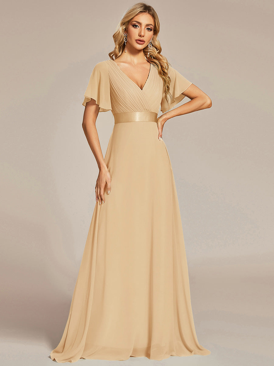 Minimalistisches A-Line Maxi Chiffon Brautkleid mit Satingürtel #Farbe_Champagner