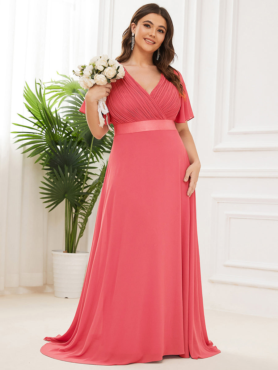 Damen V-Ausschnitt Lange Chiffon Abendkleider mit Schleppe #Farbe_Koralle