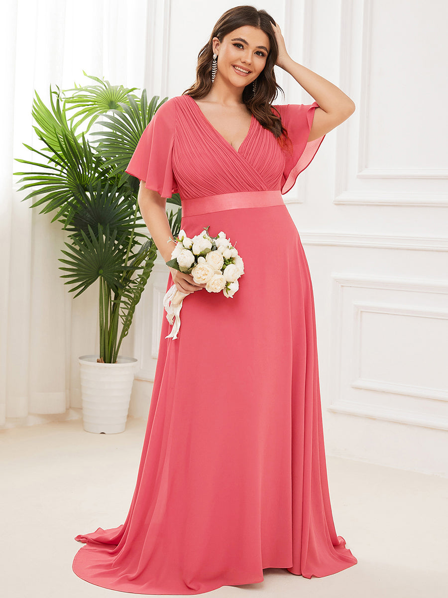Langes Brautjungfernkleid mit Empire-Taille und kurzen, flatternden Ärmeln #Farbe_Koralle