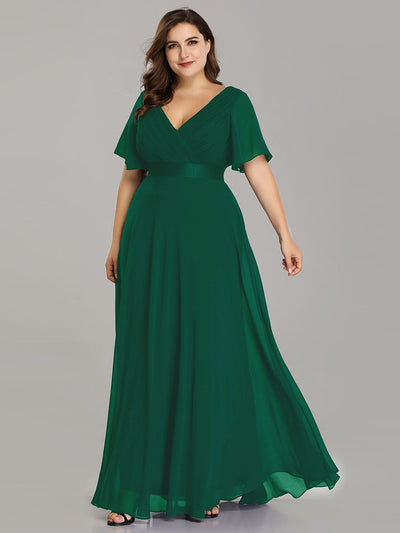 Damen V-Ausschnitt Lange Chiffon Abendkleider mit Schleppe #Farbe_Dunkelgrün