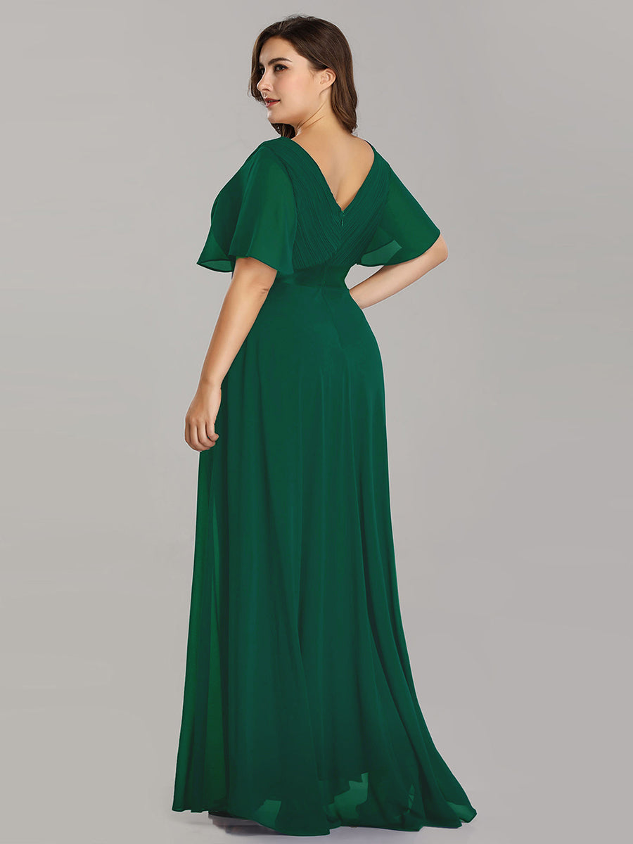 Damen V-Ausschnitt Chiffon Lange Abendkleider mit Schleppe #Farbe_Dunkelgrün