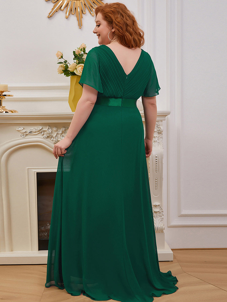 Damen V-Ausschnitt Chiffon Lange Abendkleider mit Schleppe #Farbe_Dunkelgrün