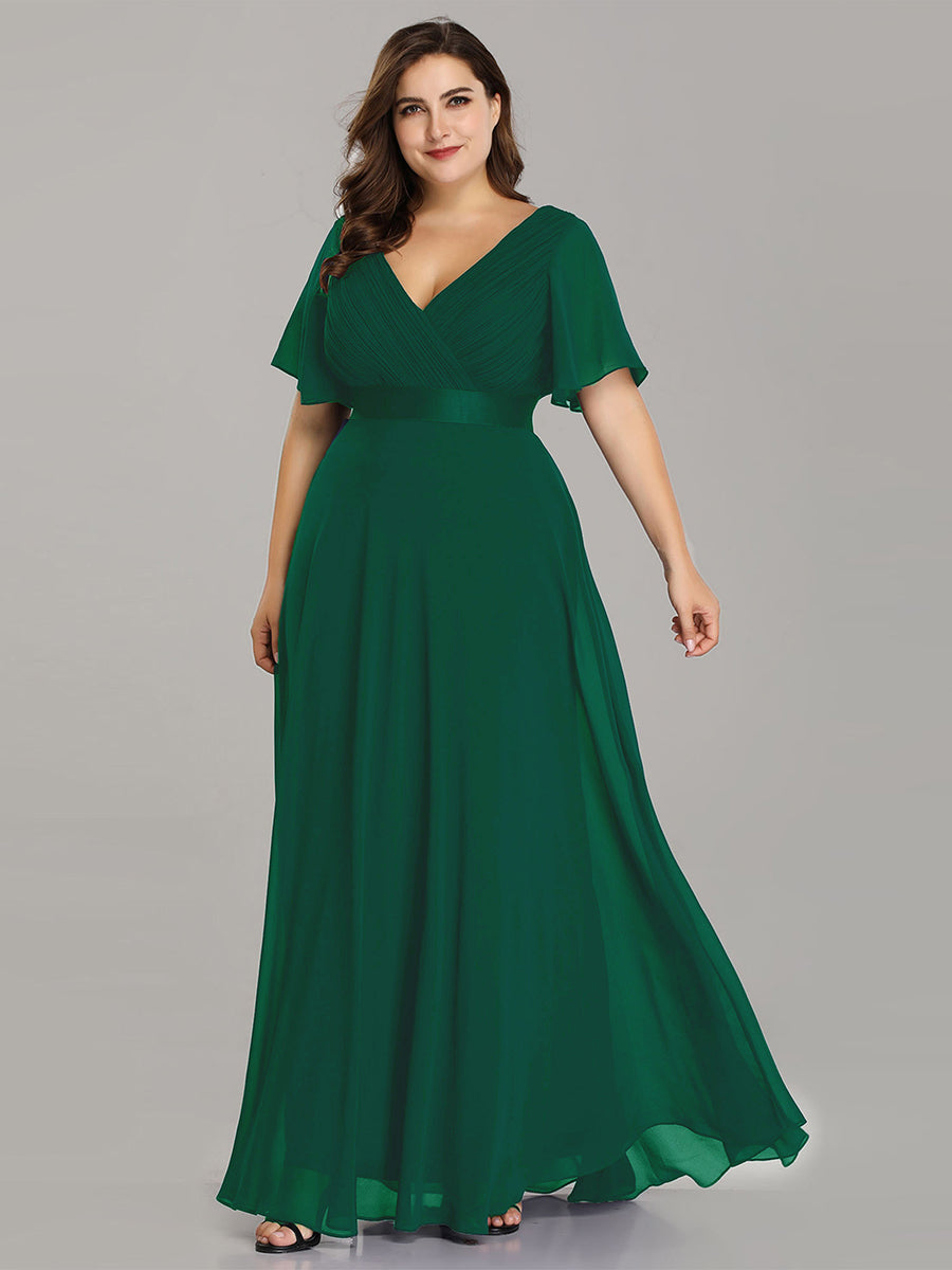 Damen V-Ausschnitt Chiffon Lange Abendkleider mit Schleppe #Farbe_Dunkelgrün