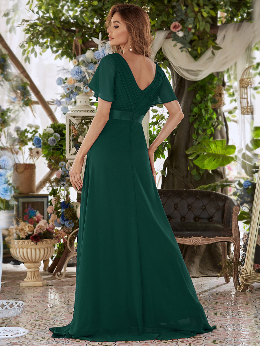 Langes Brautjungfernkleid mit Empire-Taille und kurzen, flatternden Ärmeln #Farbe_Dunkelgrün