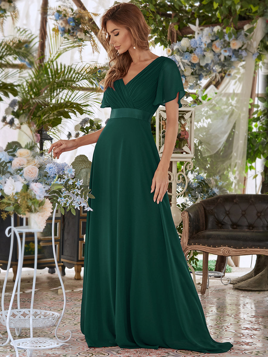 Langes Brautjungfernkleid mit Empire-Taille und kurzen, flatternden Ärmeln #Farbe_Dunkelgrün