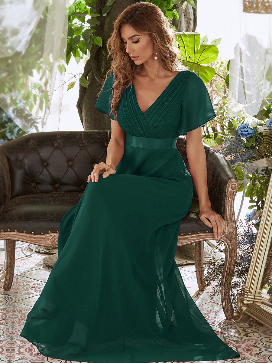Langes Brautjungfernkleid mit Empire-Taille und kurzen, flatternden Ärmeln #Farbe_Dunkelgrün