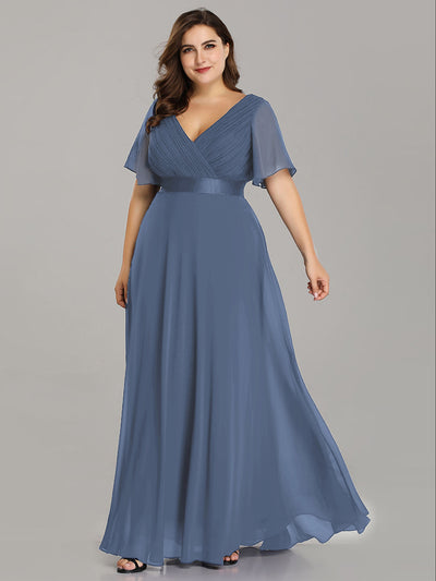 Damen V-Ausschnitt Chiffon Lange Abendkleider mit Schleppe #Farbe_Taubenblau