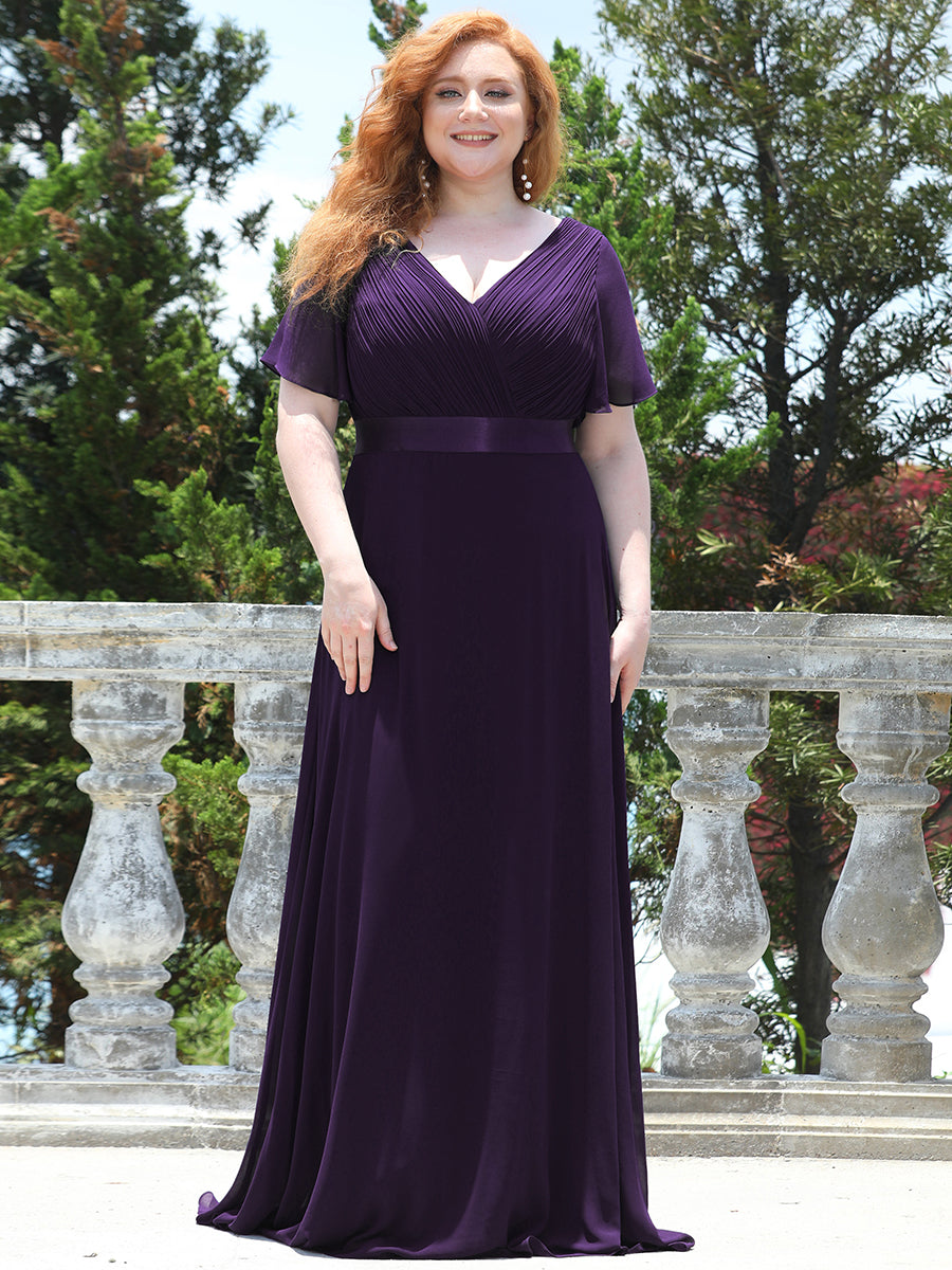 Damen V-Ausschnitt Lange Chiffon Abendkleider mit Schleppe #Farbe_Dunkelviolett