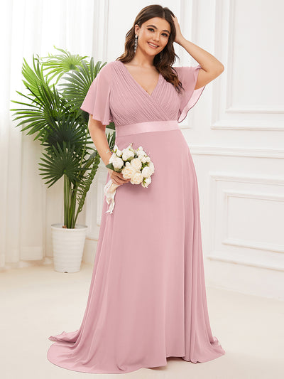 Damen V-Ausschnitt Chiffon Lange Abendkleider mit Schleppe #Farbe_Altrosa