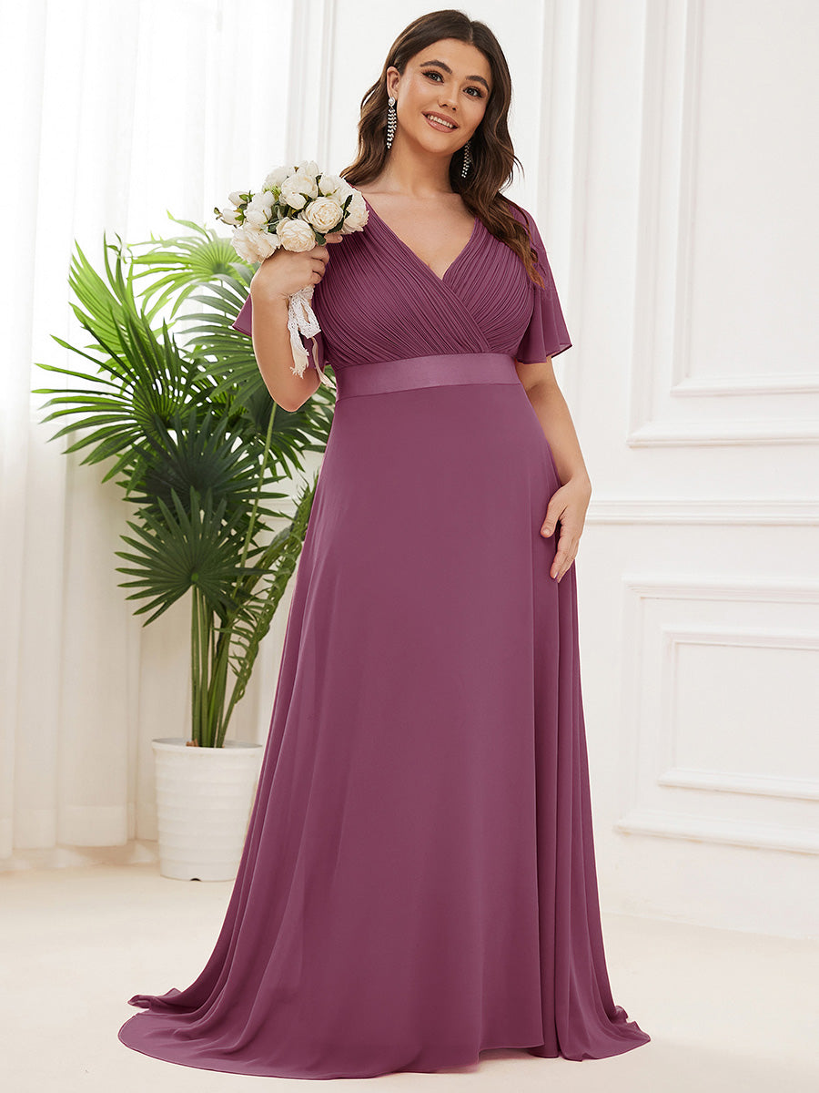 Damen V-Ausschnitt Chiffon Lange Abendkleider mit Schleppe #Farbe_Pflaumenviolett